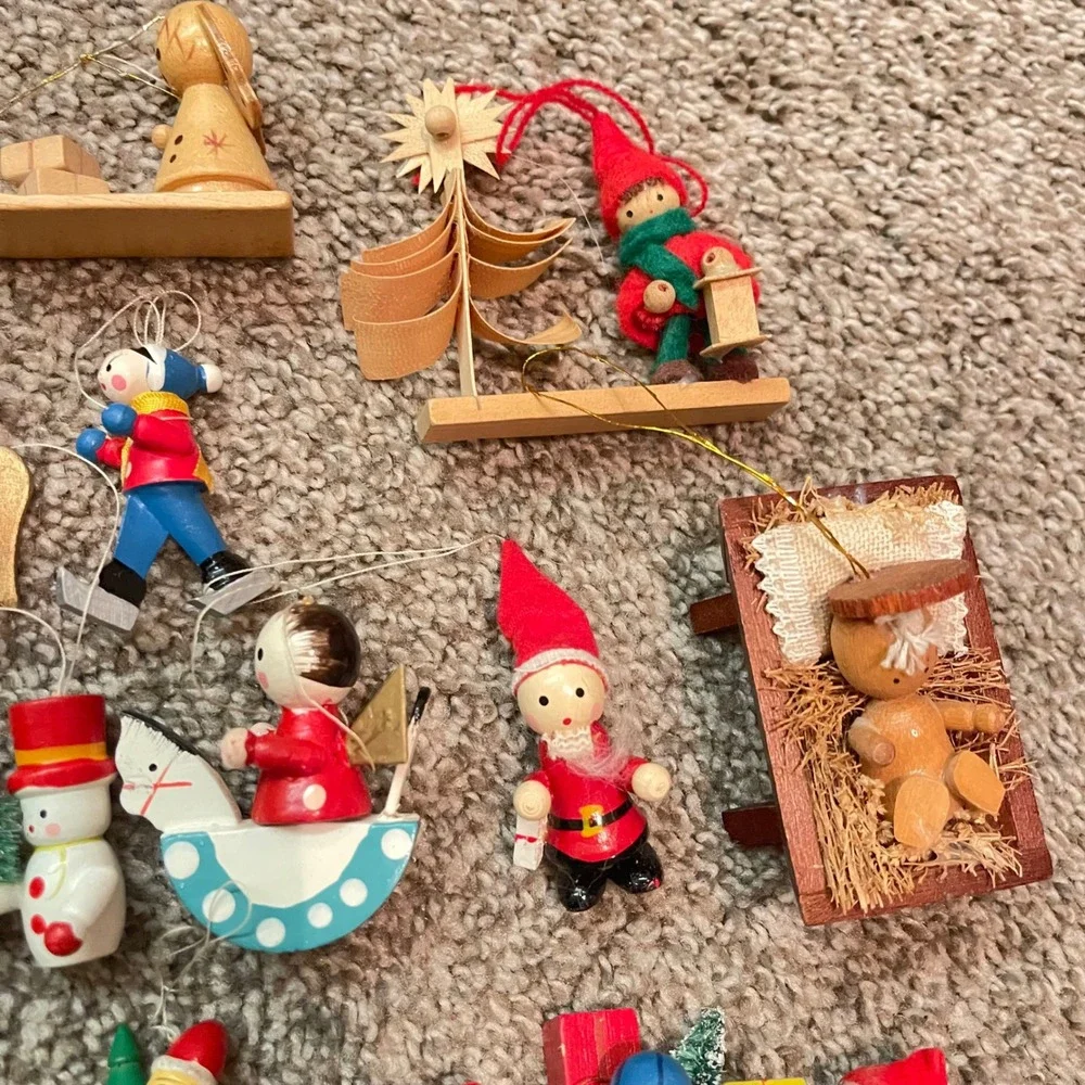 Vtg kitschy 70s plush Wooden felt ceramic Christmas‎ Tree Ornament lot 32 taiwan